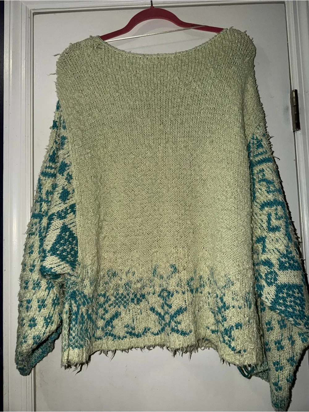 Free People Cream and Teal Patterned Crewneck Sweater